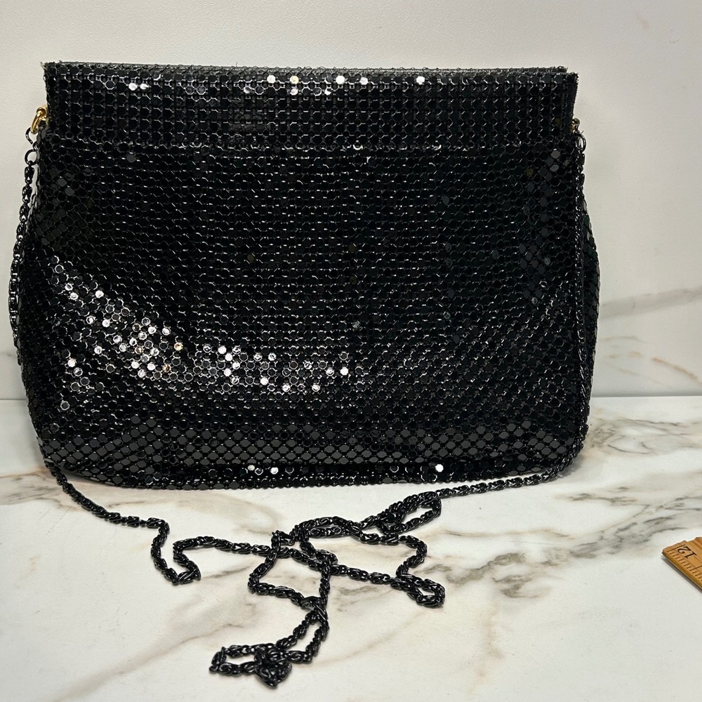 Bags By Marlo Vintage Black Metal Mesh Evening Crossbody Clutch Bag Gold Tone